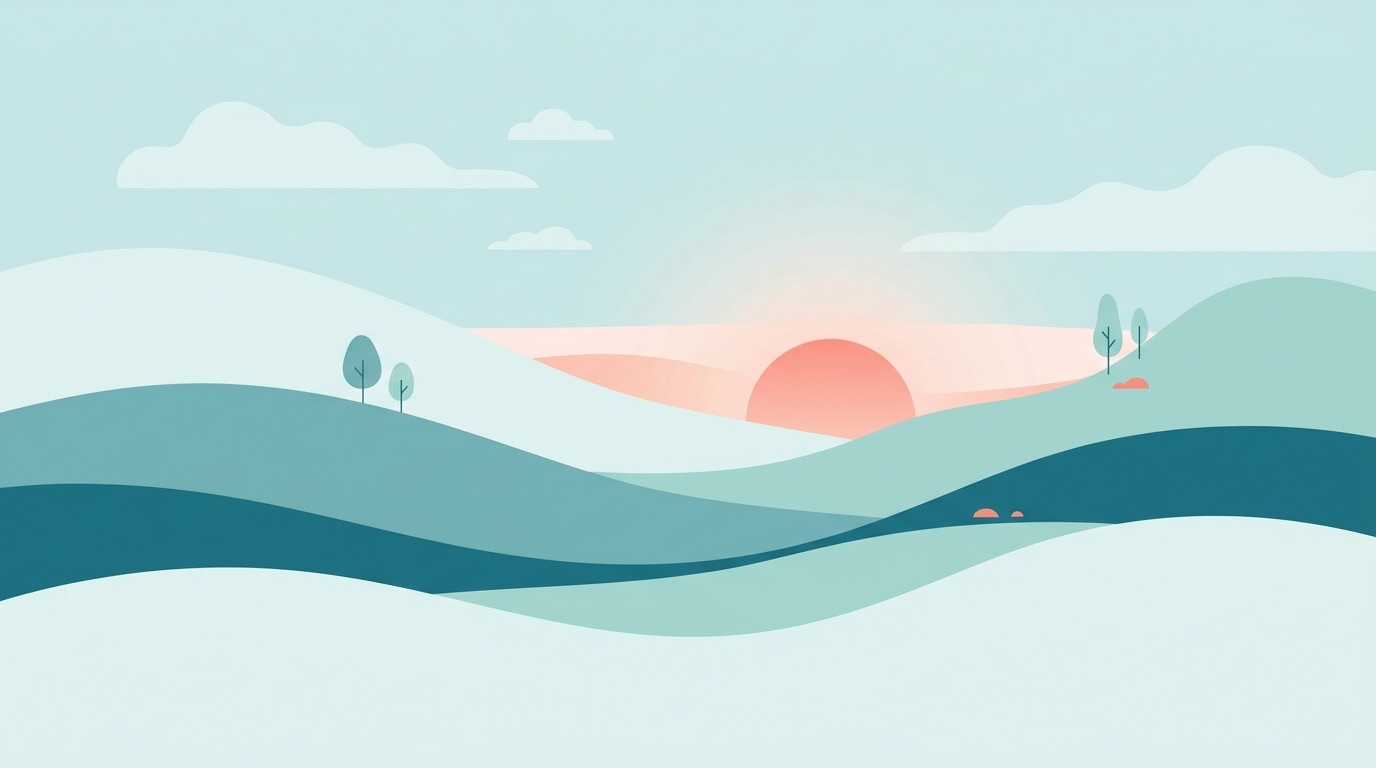 Un paysage paisible de collines douces au lever du soleil, évoquant la confiance et un nouveau départ