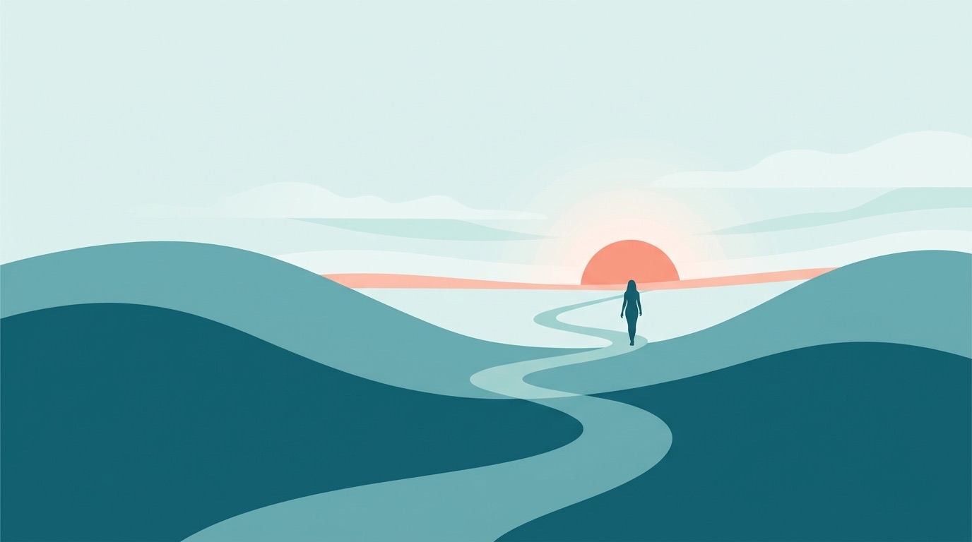 Un chemin paisible serpentant vers un lever de soleil, symbole du parcours vers la sérénité